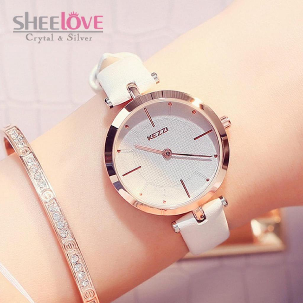 Đồng Hồ Kezzi Nữ Cao cấp Mặt Tròn Dây Da Không Số Sang trọng Phong Cách Thời Trang Hàn Quốc