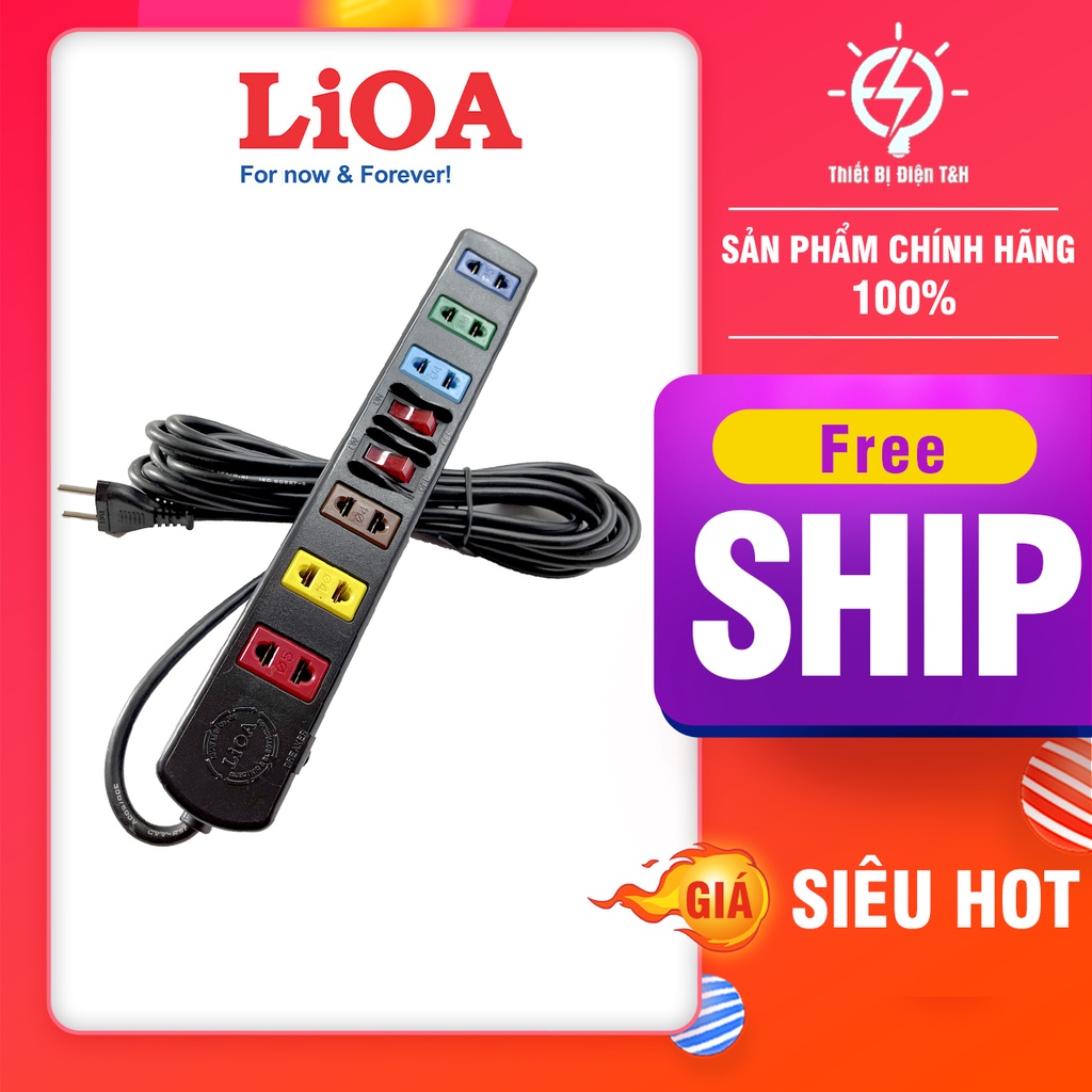 Ổ cắm điện LIOA, 2200W, 6 ổ cắm, 2 công tắc, dây dài 3M, 5M, 6S3 - 6S3W - Thiết Bị Điện T&amp;H