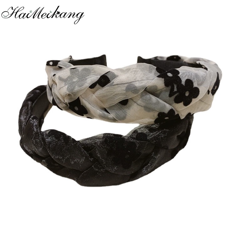 Băng đô bản rộng Haimeikang vải nhung phối lưới họa tiết hoa thời trang retro cao cấp