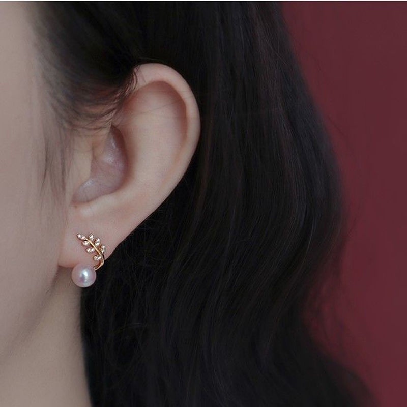 Khuyên tai RINHOO FRIENDSHIP kiểu đuôi cá/ nhánh lá đính đá phối ngọc trai thời trang Hàn Quốc cho nữ