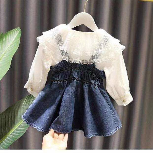 Bé gái 1-6 tuổi thời trang váy dây denim áo sơ mi hai mảnh phù hợp với trẻ sinh dài tay mẫu mùa xuân và thu