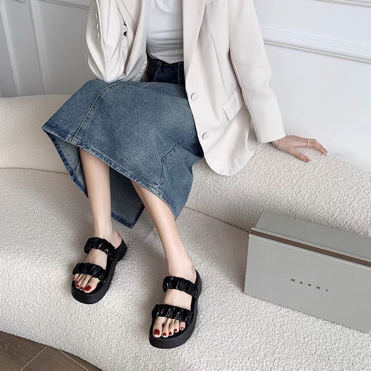 Dép quai ngang nữ , dép lê nữ đế xuồng bánh mì độn siêu nhẹ, quai nhún phồng thiết kế trẻ trung phong cách ulzzang