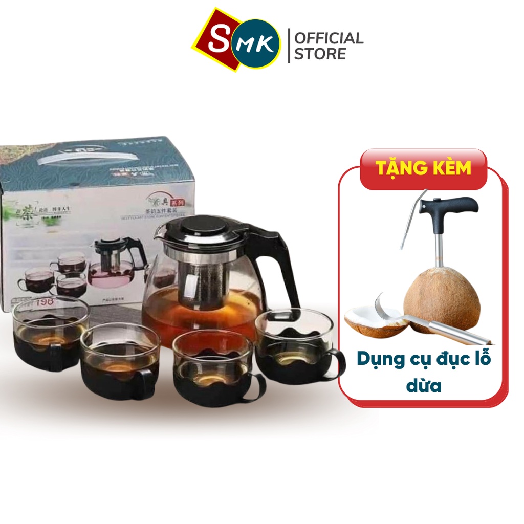 Bộ Ấm Trà Thủy Tinh Chịu Nhiệt TEDA Có Lưới Lọc Và Kèm 4 Ly