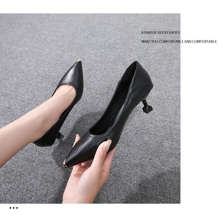 Giày cao gót da mềm mũi nhọn màu đen thời trang công sở thanh lịch cho nữ 2021