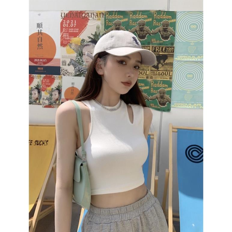 Áo thun croptop nữ ba lỗ khoét vai đen trắng freesize phom ôm hở eo sexy hàn quốc cổ tròn sát nách