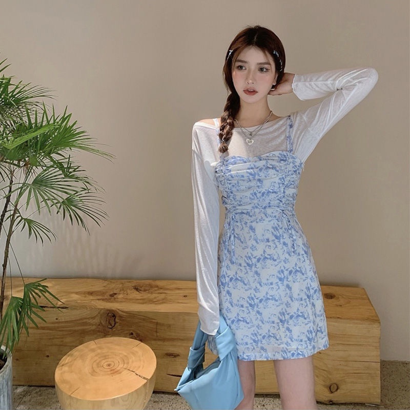 Set đầm hoa hai dây + áo thun tay dài thời trang cho nữ