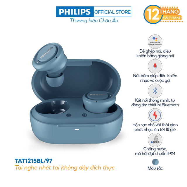 [Mã ELREHOT giảm 10% đơn 100K] Tai nghe Bluetooth Philips TAT1215BL/97 - Màu xanh