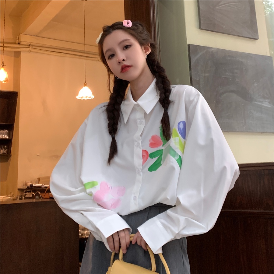 Áo Sơ Mi Nữ Tay Dài Dáng Rộng Cổ Polo In Họa Tiết Phong Cách Hàn Quốc
