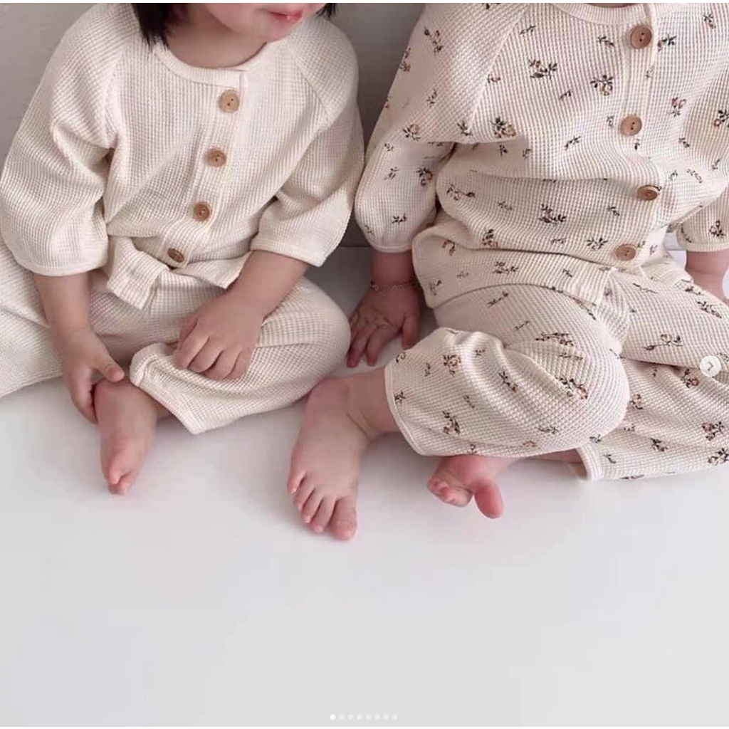 [Có sẵn/ Ảnh thật] ]Bộ quần áo ngủ trẻ em vải cotton hạt gạo phong cách hàn quốc tiệm nhà Quýt