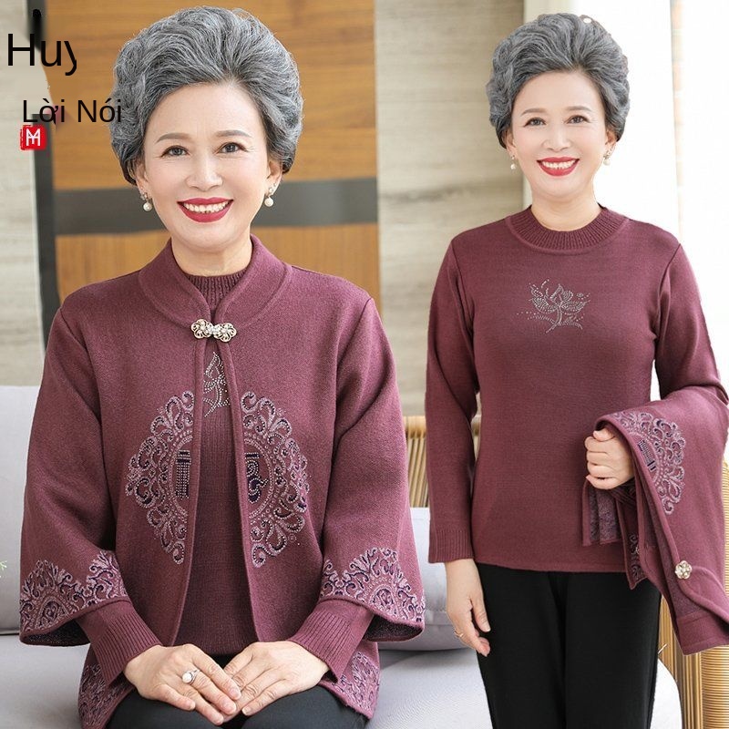 Bộ đồ hai mảnh áo len mùa thu của bà, áo sơ mi đáy cho người trung niên và cao tuổi