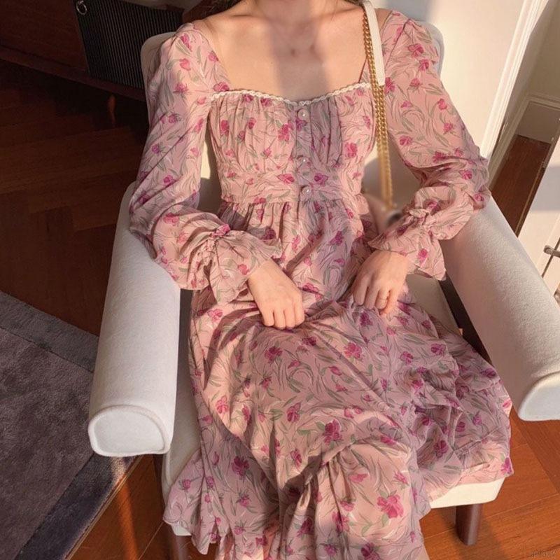 Đầm tay dài cổ vuông họa tiết hoa phối nút thời trang thanh lịch cho nữ