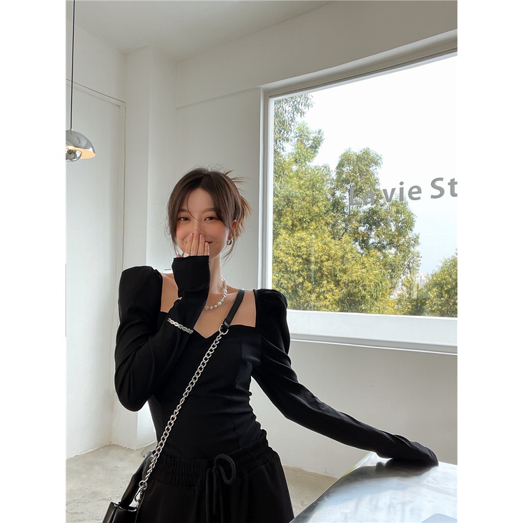 Áo Thun Tay Dài Phồng Dáng Ôm Thời Trang Hàn Quốc Dành Cho Nữ