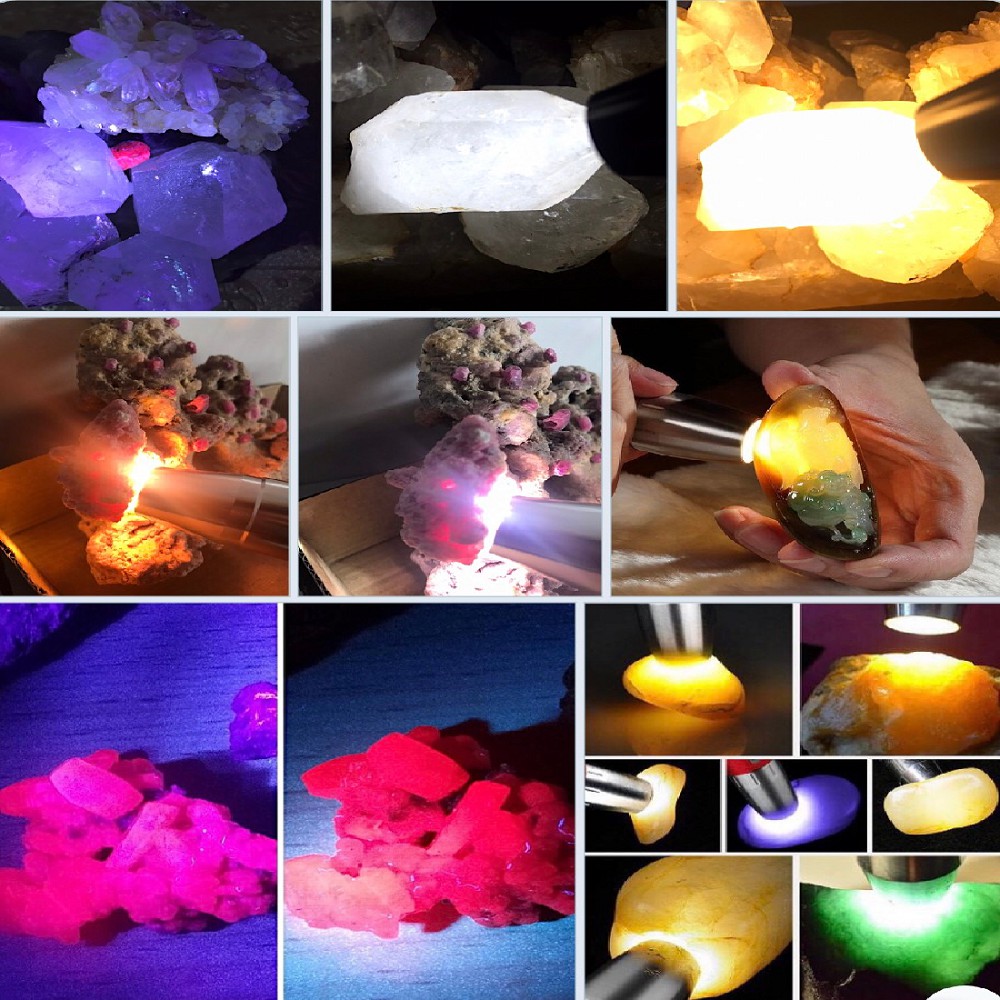 Đèn soi đá 4 bóng màu  6 chế độ sáng - Trắng Vàng Tím và Tím mạnh - Kèm Pin Sạc Tặng Đầu thu nhỏ sáng và ruby thô.