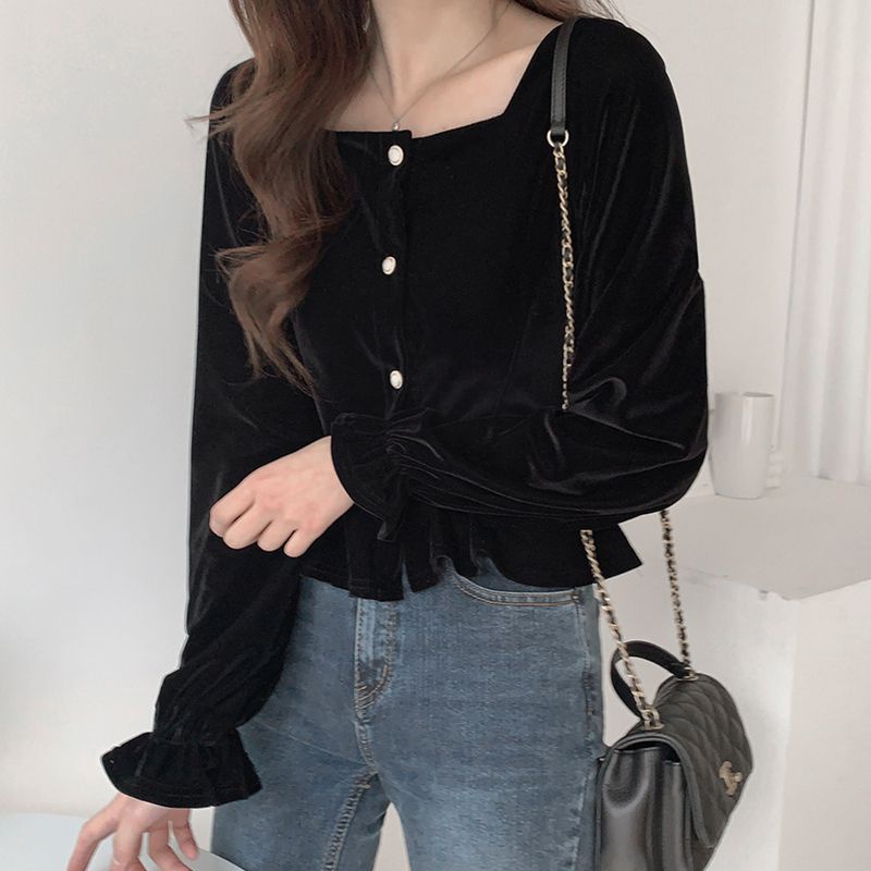 Áo kiểu nữ IELGY vải nhung vàng cổ vuông màu đen phong cách Pháp retro dễ phối đồ