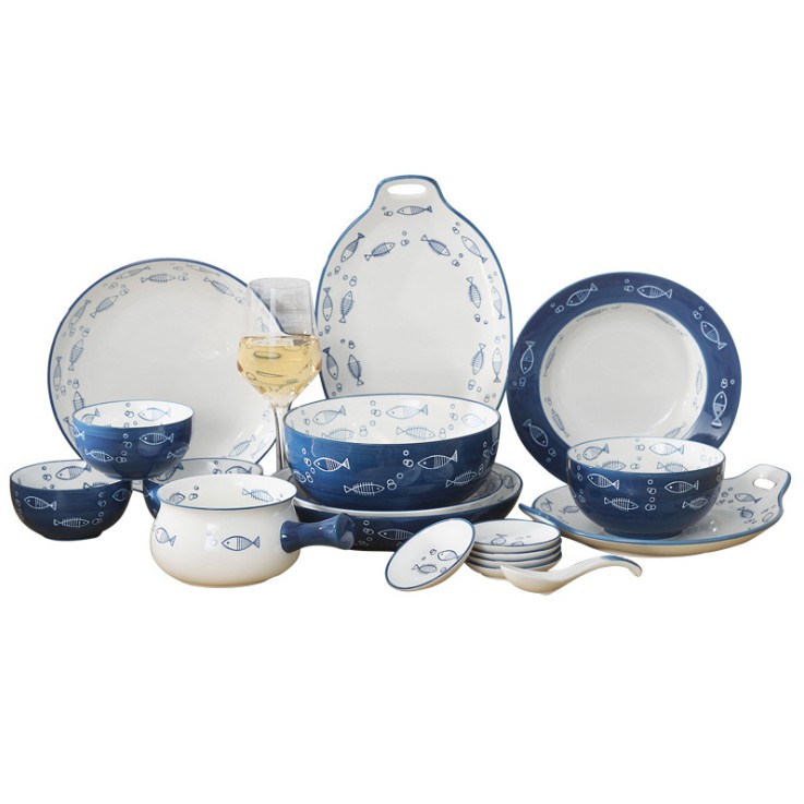 (Bán set) Chén bát họa tiết con cá gốm sứ phong cách Nhật Bản xưa (hàng order)