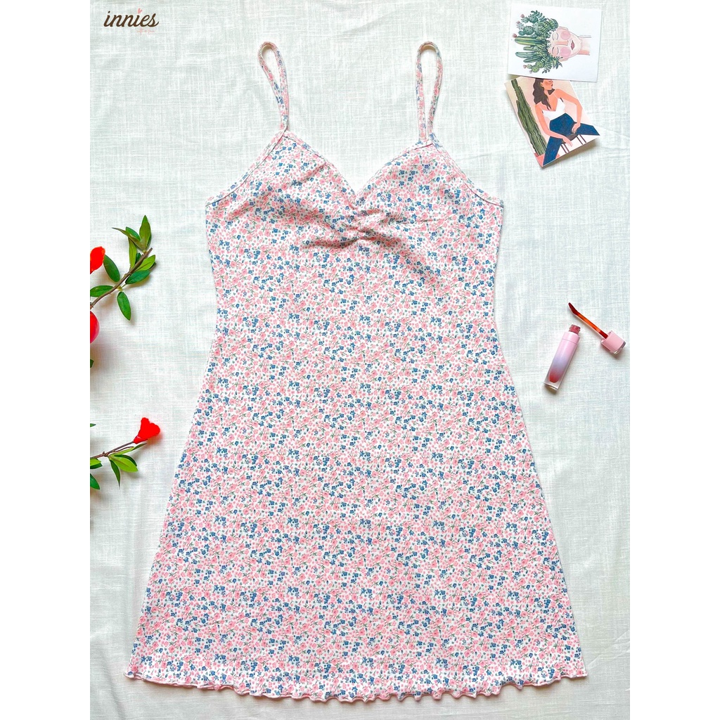 Đầm nữ 2 dây in hoa nhí nhún ngực chất vải thun cotton co giãn và đàn hồi tốt - Innies