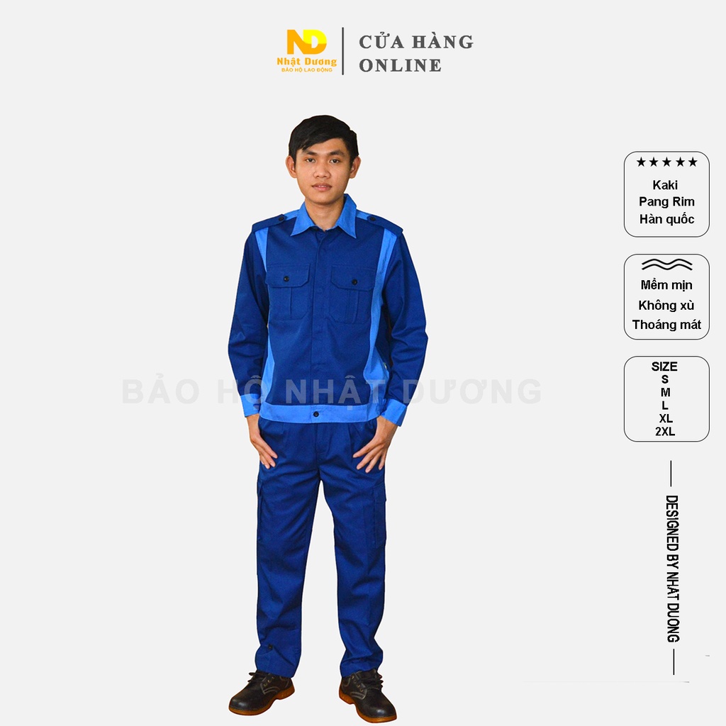 Quần áo bảo hộ lao động nam túi hộp dài tay màu xanh TB04, Đồ lao động Nhật Dương kaki pangrim mềm mát