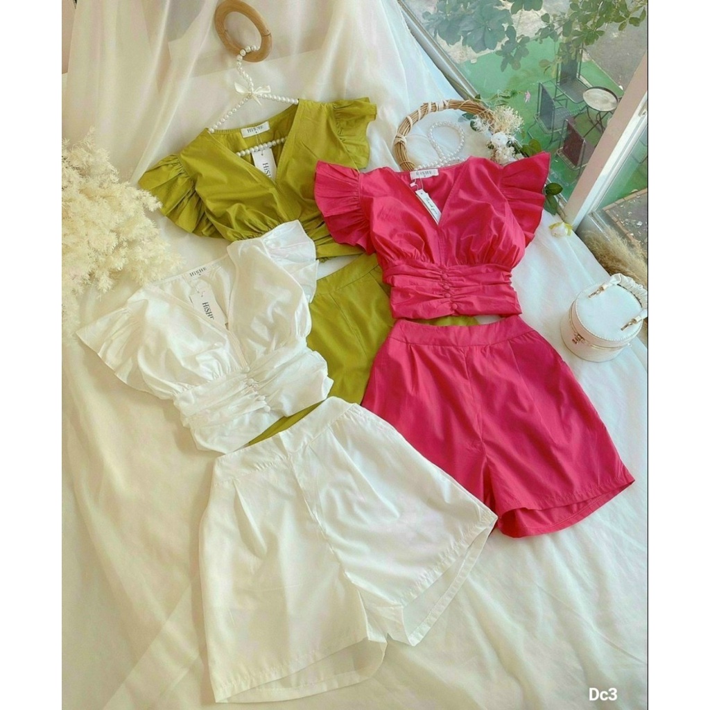 [set sale] Set áo và quần đi chơi phong cách cá tính với quần đùi lưng cao kèm áo kiểu nữ cánh tiên siêu xinh