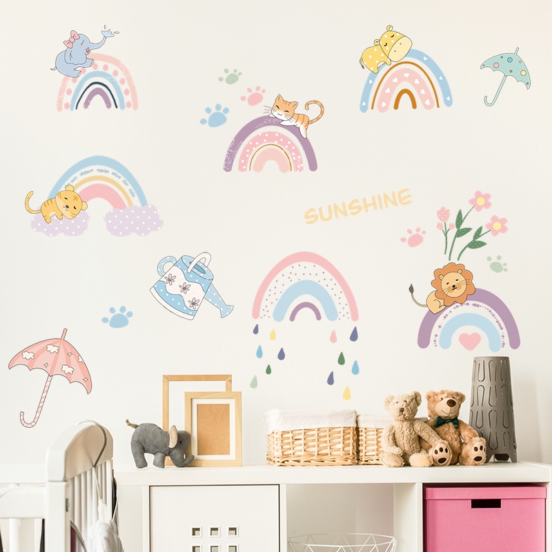 Miếng Dán Tường Trang Trí Phòng Trẻ Em Mẫu Giáo Tự Dính Hình Cầu Vồng Hoạt Hình Bằng PVC Mới