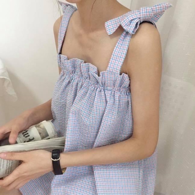 Set bộ ngủ pyjama rời áo hai dây sọc caro và quần ngắn bèo chun co dãn - Order taobao quảng châu