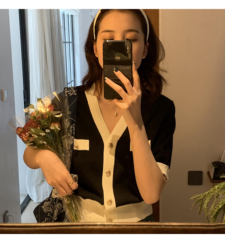 Áo dệt kim SUXI tay ngắn ôm dáng cổ V gợi cảm thanh lịch cho nữ