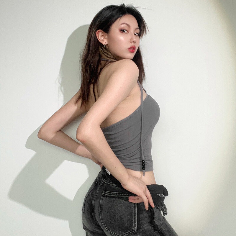 Kliou Áo kiểu KLIOU cổ yếm hở lưng họa tiết ngôi sao phong cách Mỹ đường phố thời trang mùa hè quyến rũ dành cho nữ