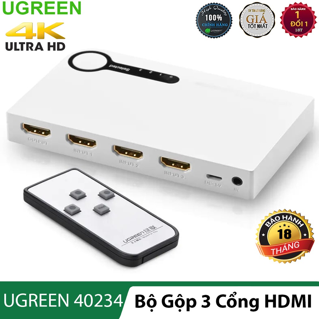 Thiết bị chuyển 3 cổng HDMI sang 1 cổng HDMI l Trình chiếu 3D, phân giải 4K l UGREEN 40234