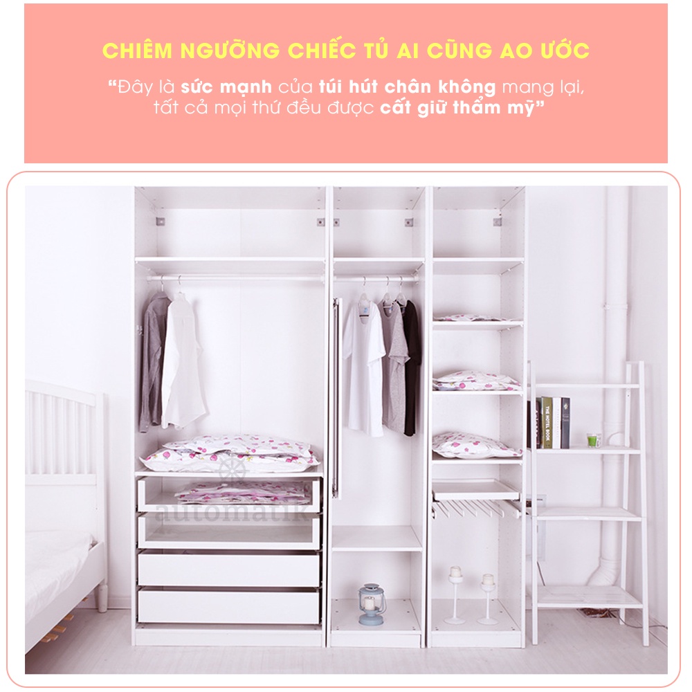 Túi Hút Chân Không Đựng Quần Áo Chăn Màn Du Lịch Bơm Điện Van 1 Chiều Bảo Quản Quần Áo Chăn Chống Nấm Mốc Automatik