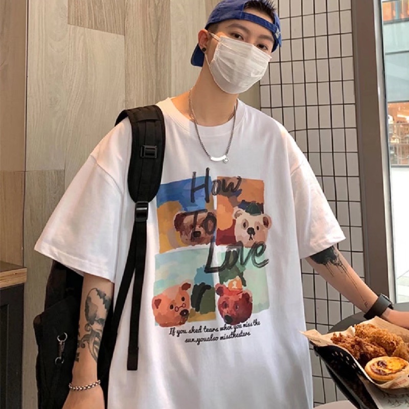 Áo Thun Tay Ngắn Cổ Tròn In Hình Gấu Hoạt Hình Dành Cho Nam