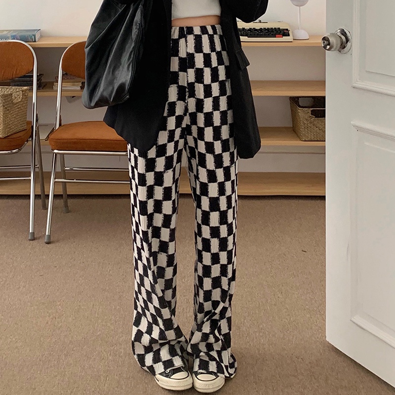 Quần lưng cao dáng rộng họa tiết kẻ sọc caro thời trang trẻ trung