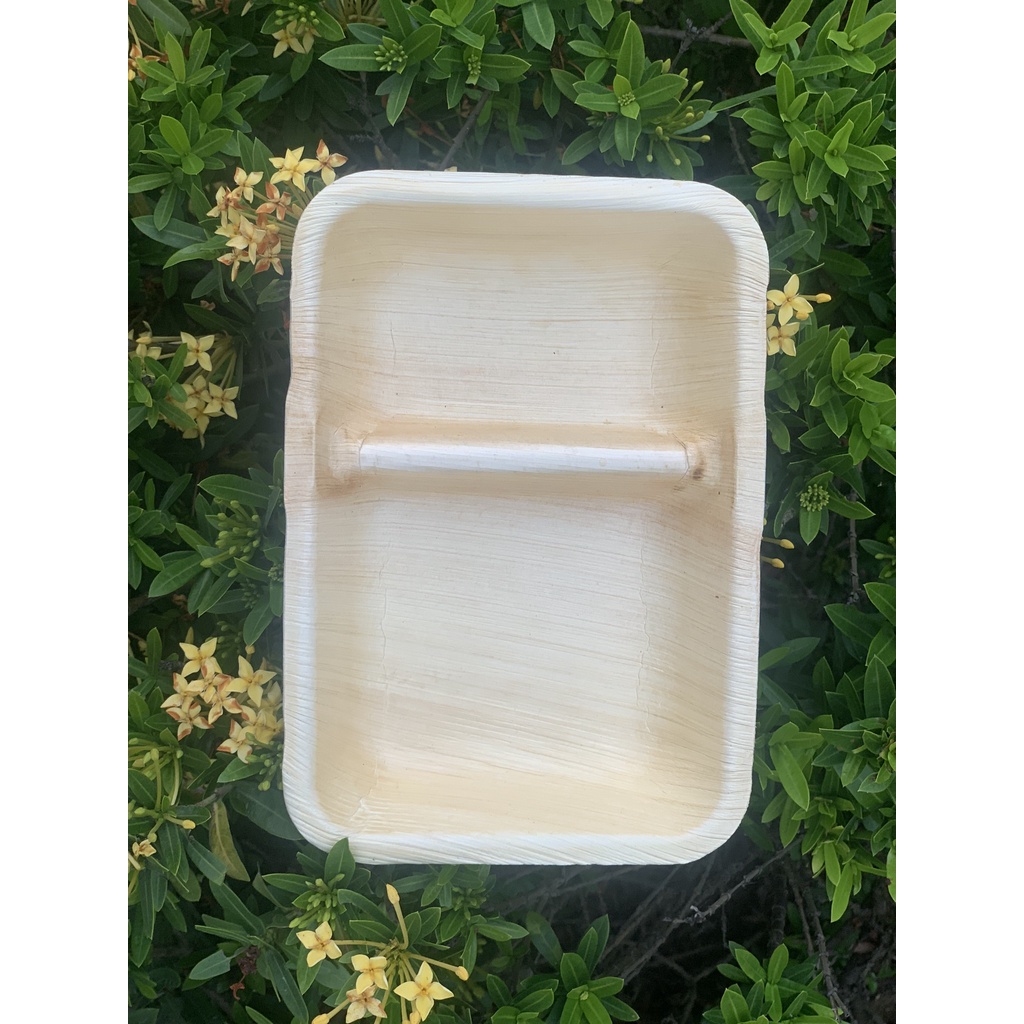 Khay mo cau 2 ngăn K2N/Set 5 cái/tea break/chén đĩa mo cau dùng 1 lần tiện lợi, thân thiện môi trường/ mo cau xứ Tiên