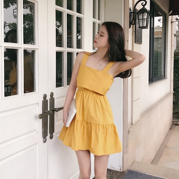 Đầm đi biển SUXI hở lưng màu trơn cột nơ phong cách Hàn Quốc thời trang mùa hè