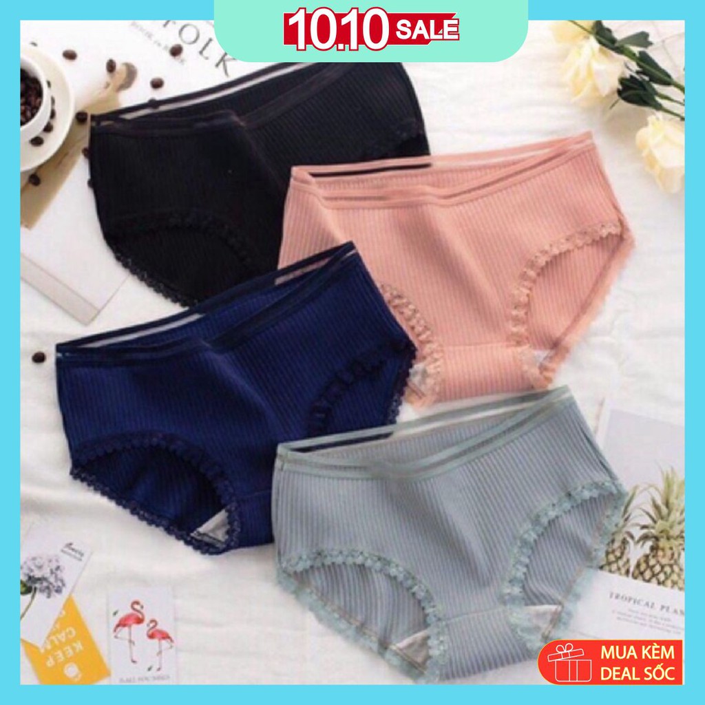 Quần lót nữ, quần cotton gân tăm viền ren kháng khuẩn xuất nhật