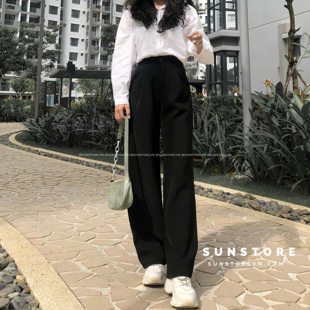 Quần culottes ống rộng suông dài chất dày cao cấp lưng cao cài nút Sun pant hình thật | BigBuy360 - bigbuy360.vn