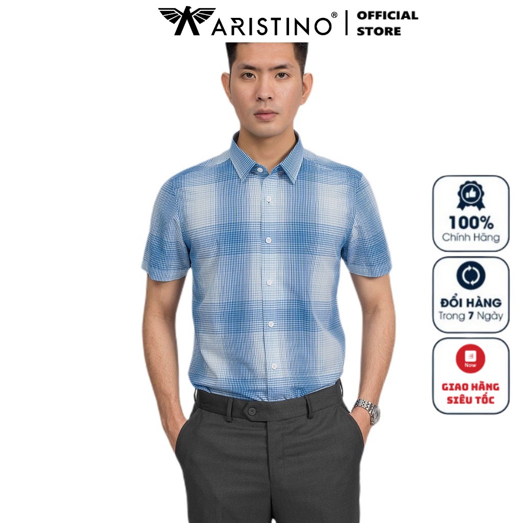 Áo Sơ Mi Nam Tay Ngắn Aristino ASS092S9 Màu Xanh Caro Loang Dáng Slim Fit Vải Sợi Sồi