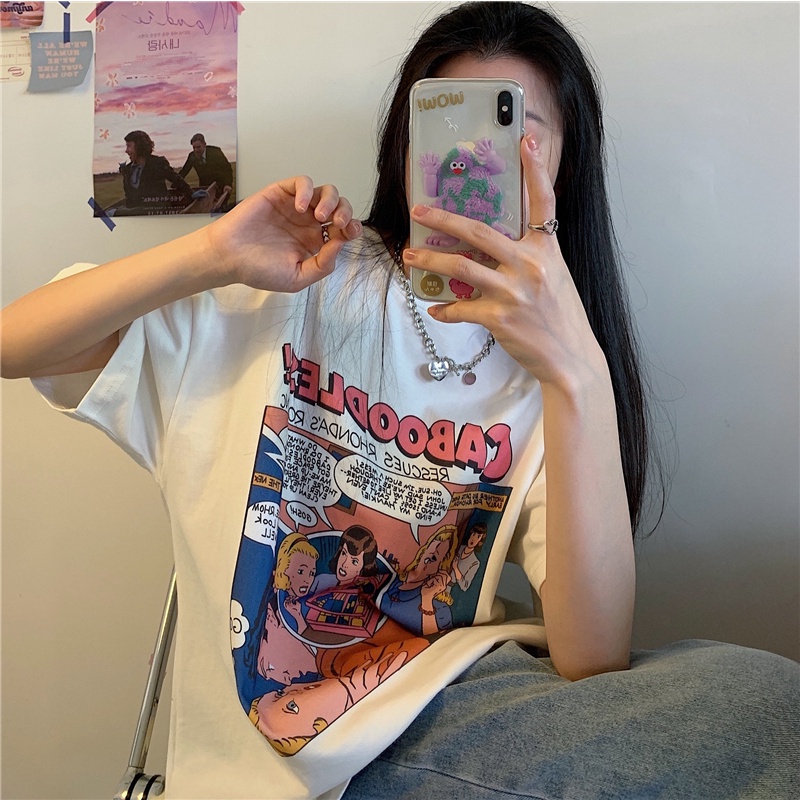 SUXI Áo Thun Tay Ngắn Cổ Tròn Form Rộng In Họa Tiết Nhân Vật Đơn Giản Thời Trang Mùa Hè Cho Nữ
