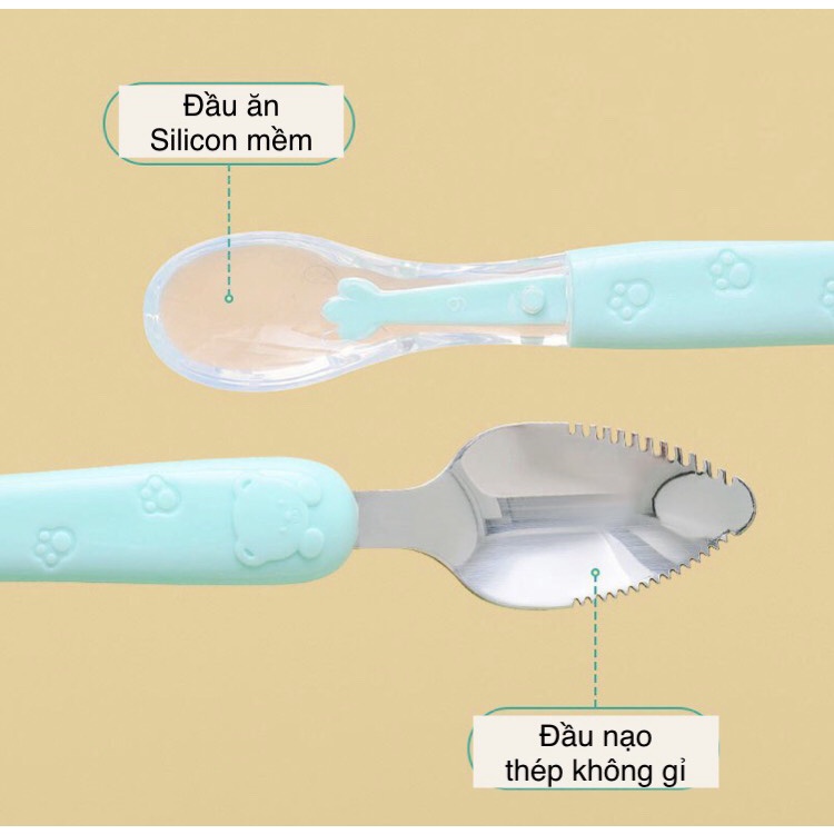 Thìa 2 đầu silicon + thép không gỉ, thìa nạo hoa quả cho bé ăn dặm