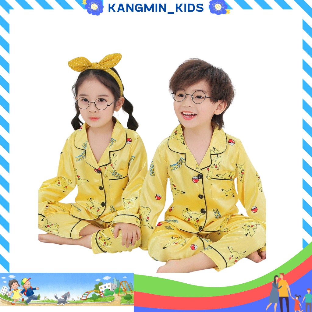 Đồ bộ pijama cho bé trai bé gái Mã Kangminkids, Đồ ngủ pizama mặc nhà cho bé hình Pikachu cho bé trai gái từ 6-28kg