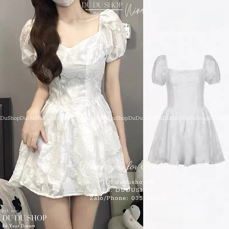 Váy/Đầm Ren Hoa Tay Bồng Cổ Vuông  Dáng Ngắn Tiểu Thư Dễ Thương Hàn Quốc-vaycupnguc-vaycovuong-dd15