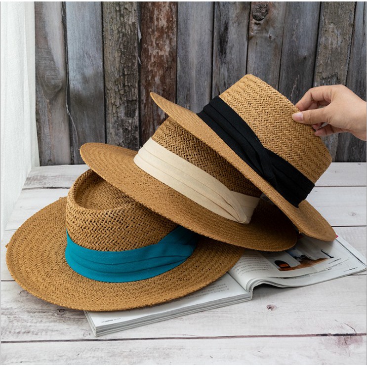 Mũ rơm vành rộng có dây màu trắng thời trang nữ tính mùa hè
