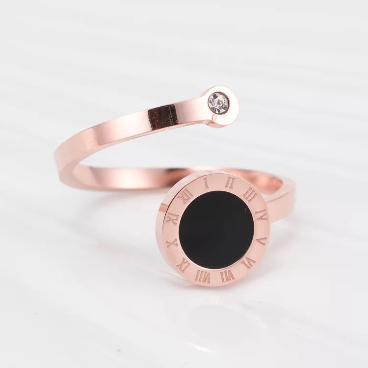 Nhẫn hở khắc số la mã tròn bằng thép titan mạ vàng hồng 18k phong cách hàn quốc roman cho nữ
