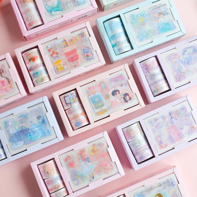 Set 3 cuộn băng keo hình trang trí kèm 8 miếng sticker trang trí sổ nhật ký, Washi Tape (Giao mẫu ngẫu nhiên)