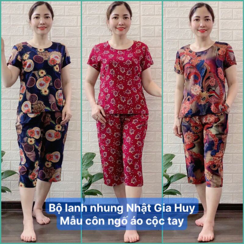 ►☏Bộ lanh nhung trung niên GIA HUY, tay ngắn cho mẹ bà, đồ mặc nhà người lớn tuổi