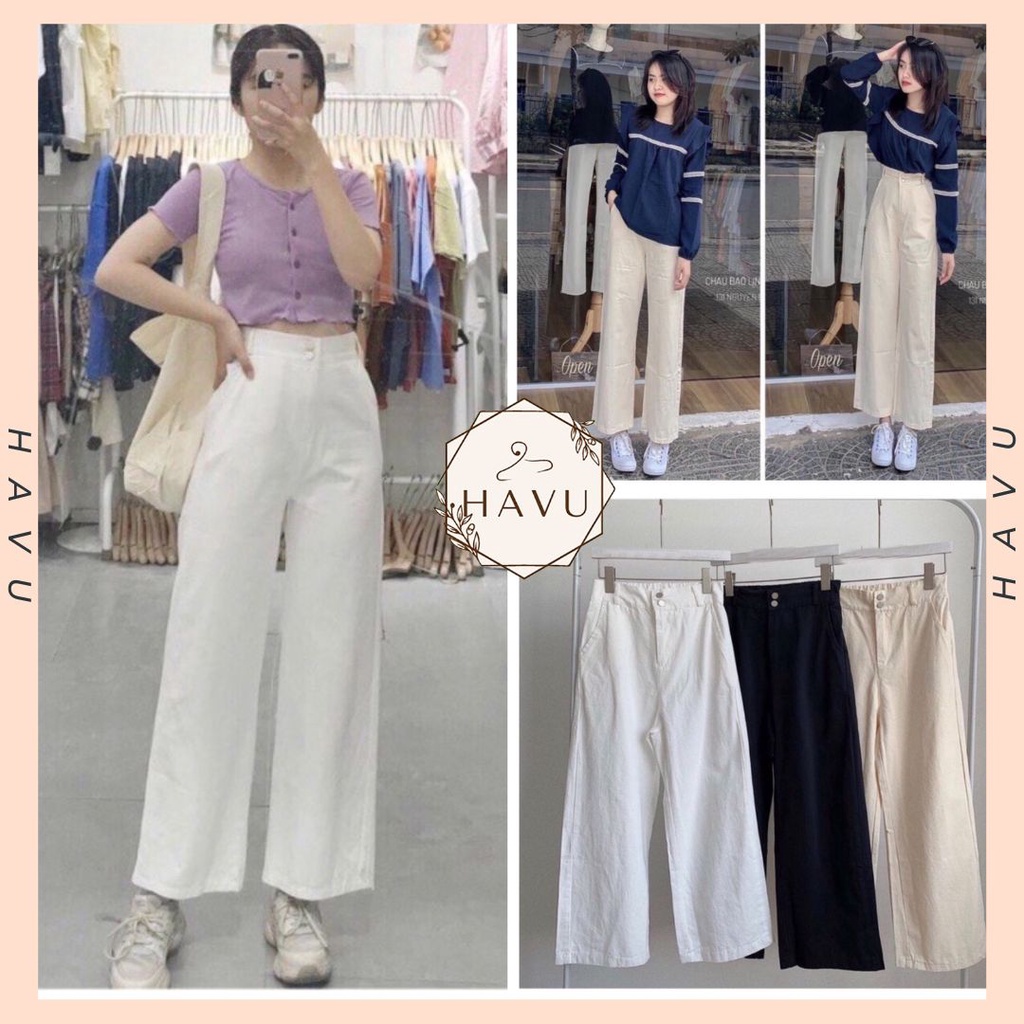 Quần kaki nữ suông trơn 2 cúc basic - Culottes ống rộng cạp cao trẻ trung, thiết kế tối giản, đường phố Ulzzang