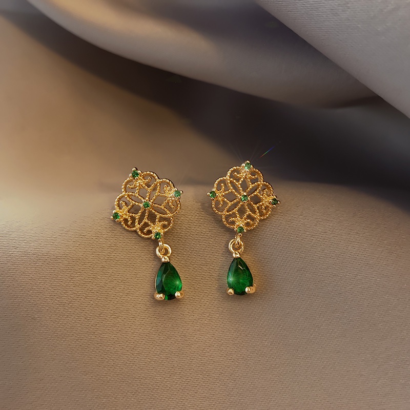 Bông tai hình hoa đính đá zircon phong cách Hàn Quốc retro