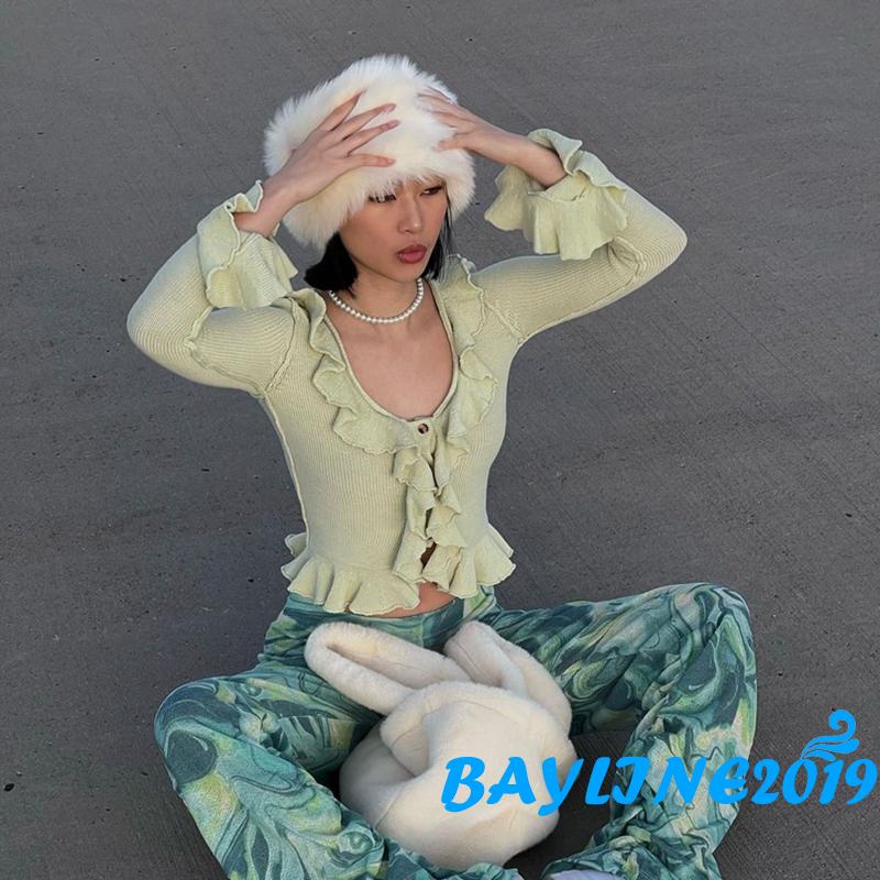 Áo Croptop Tay Dài Màu Trơn Phối Bèo Cài Nút Đơn Giản Hợp Thời Trang Cho Nữ