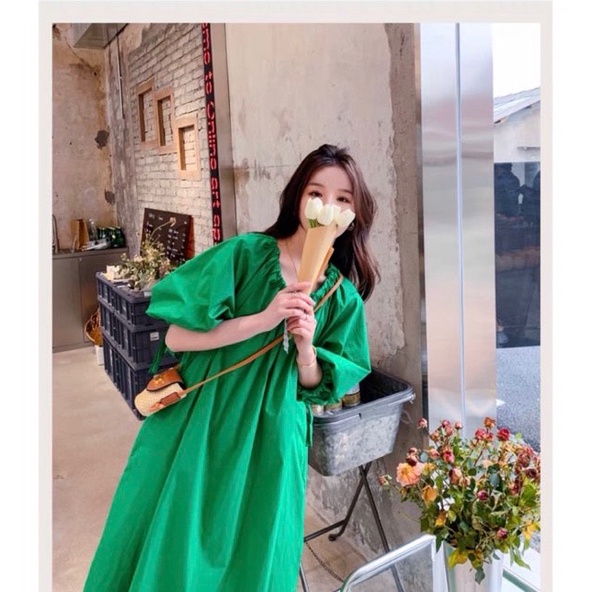 Váy Maxi Đi Biển Đi Chơi Cổ Tròn Dáng Suông Hai Lớp Chất Gấm Xốp Nhăn Thắt Nơ Ngực Cao Cấp