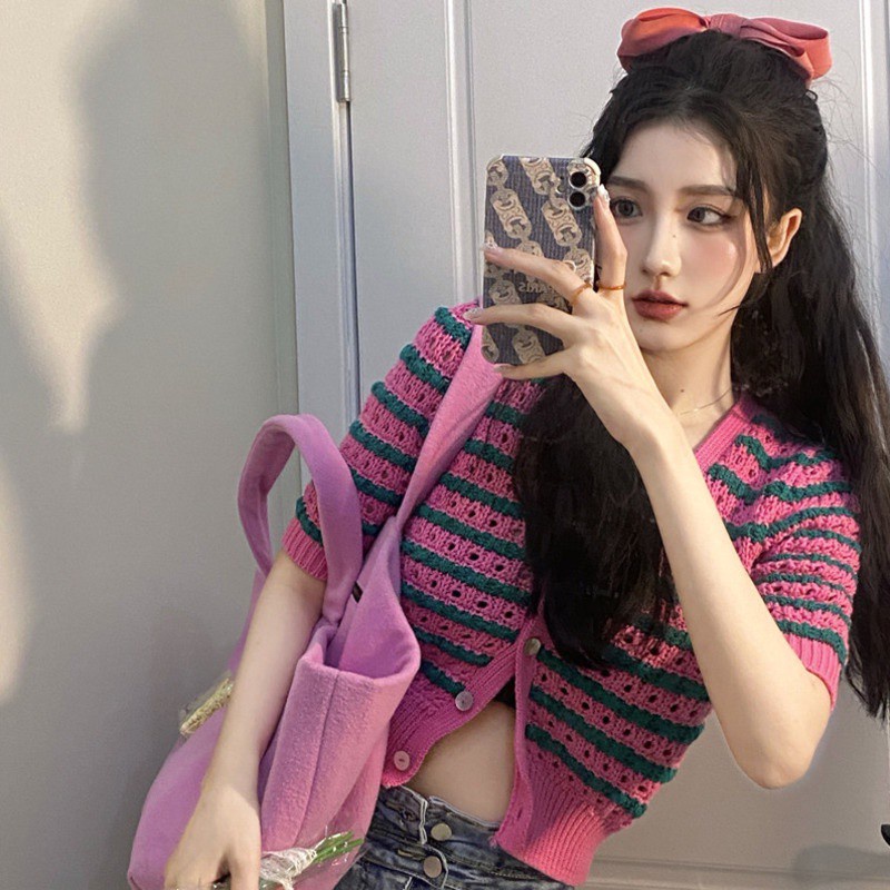 Áo Khoác Cardigan Dệt Kim Kẻ Sọc Màu Hồng Tương Phản Phong Cách Hàn Quốc