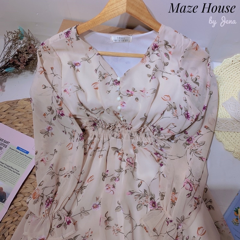 Váy hoa nhí 💖ẢNH THẬT💖 Đầm hoa nhí vintage- Váy hoa ulzzang dáng dài cổ tim 2 lớp(cúc hạt)