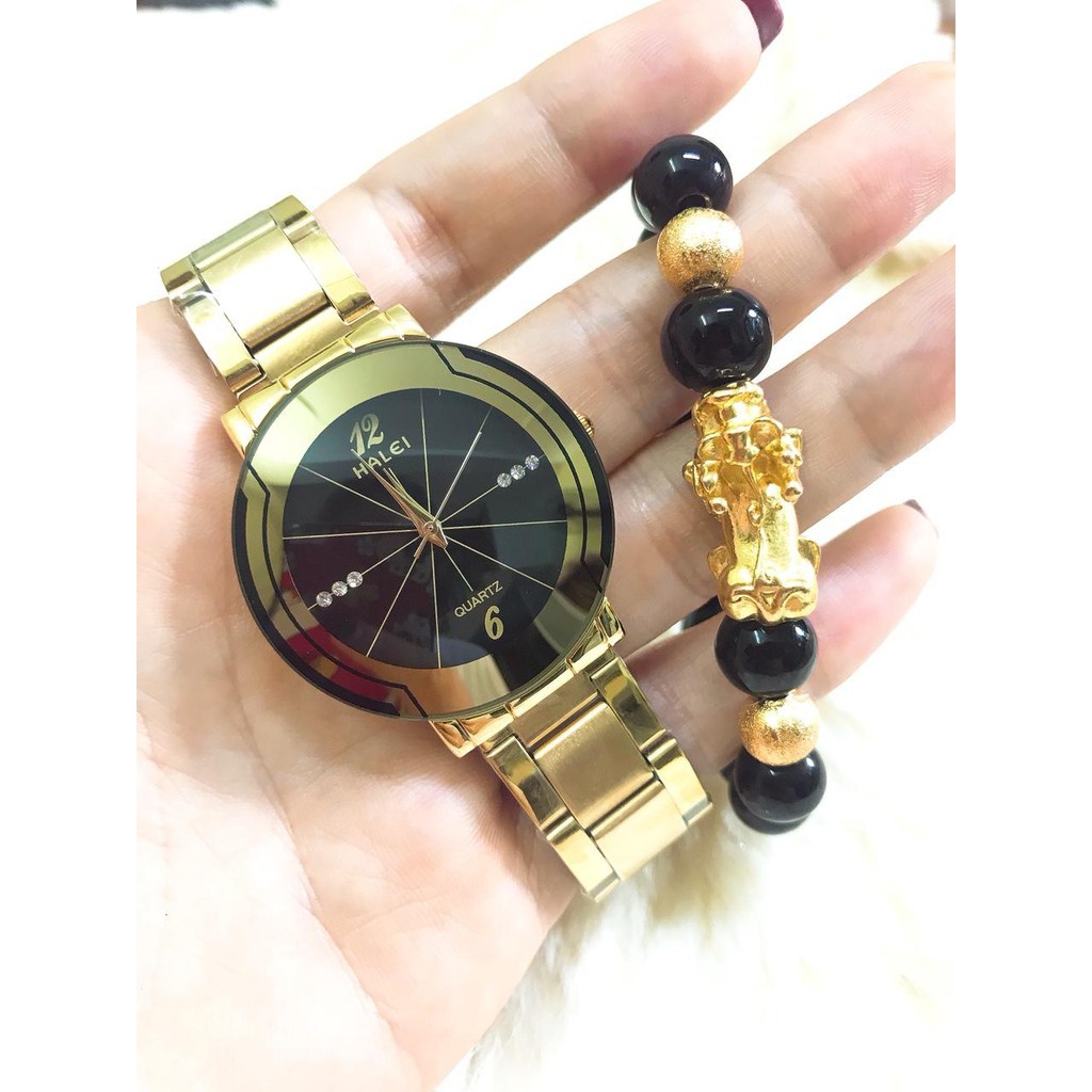 Đồng Hồ Nam Nữ HALEI  Dây Mạ Vàng Cao Cấp HL457 Mặt Đen